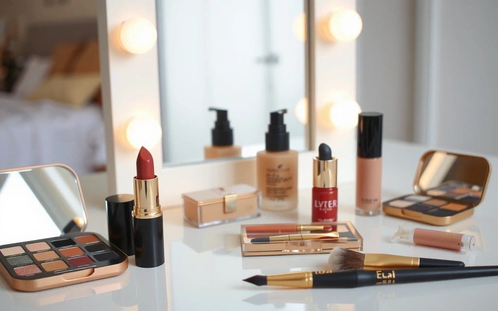 Various beauty products and tools on a vanity table