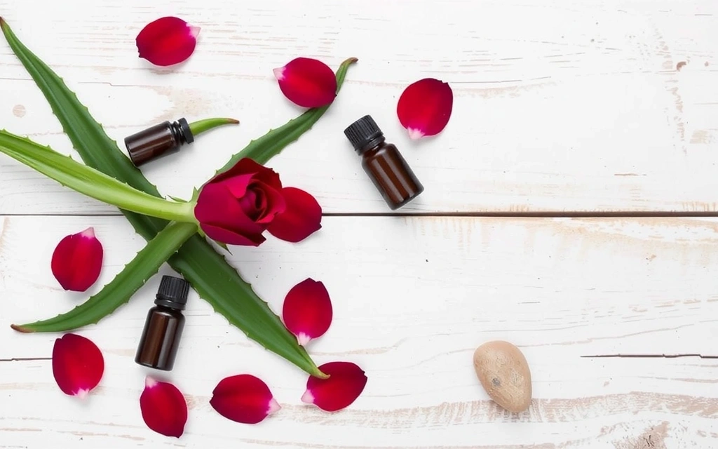 Close-up of natural skincare ingredients like rose petals, aloe vera, and essential oils arranged elegantly on a wooden surface.