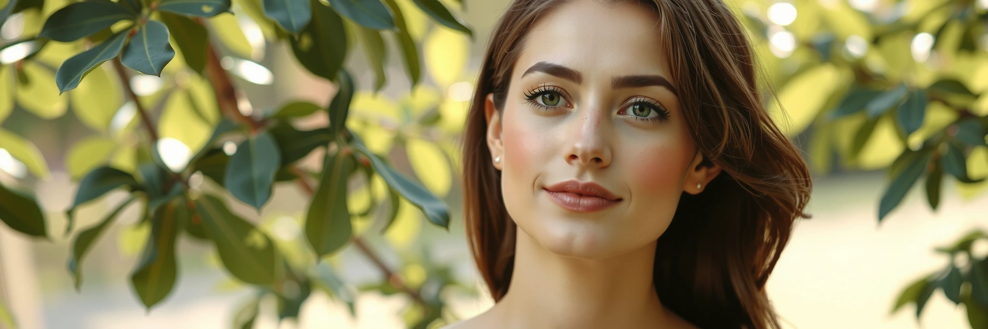 Soft, elegant image of a woman with radiant skin, surrounded by natural elements, no text.